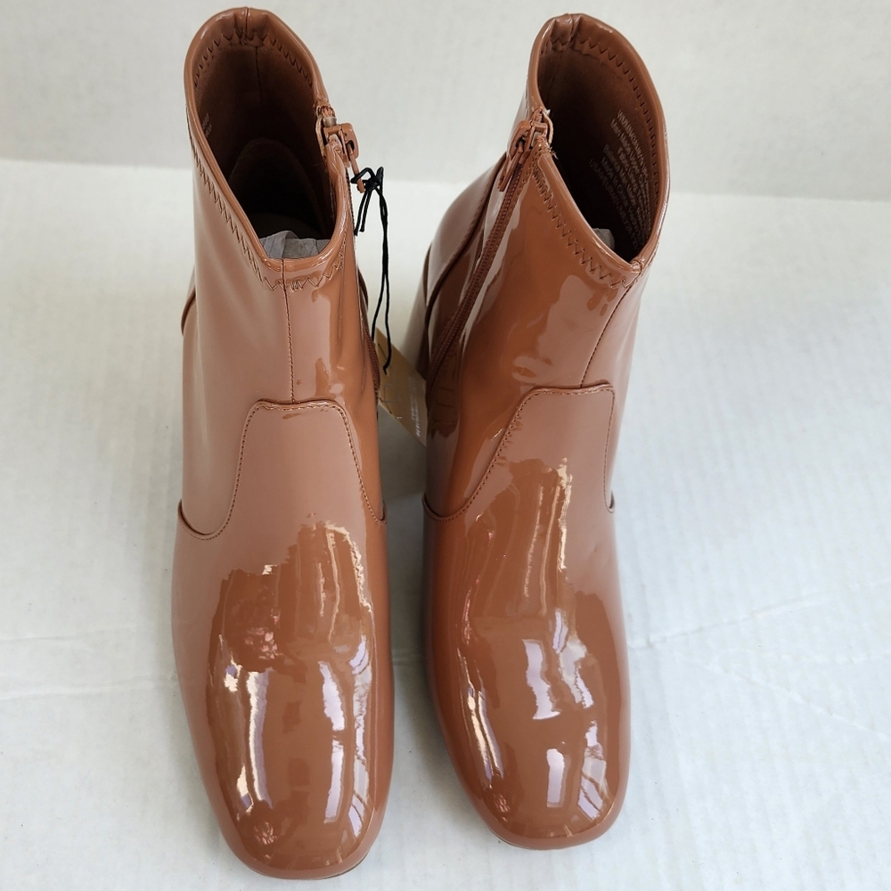 Madden NYC Caramel Tan Patent Leather Side Zip Block Heeled Almond Toe Bootie - Picture 14 of 15